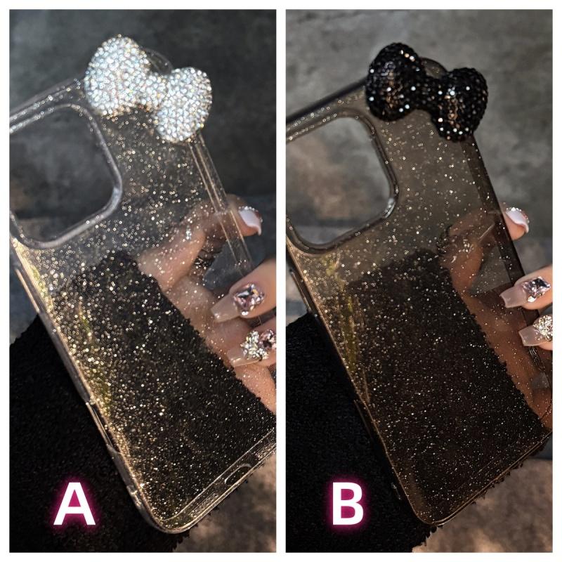 キラキラ輝きビジュリボン クリア 黒 透明 ラメ スマホケースiPhone