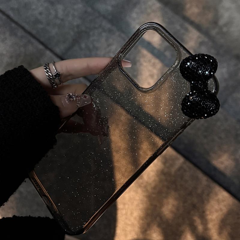 キラキラ輝きビジュリボン クリア 黒 透明 ラメ スマホケースiPhone