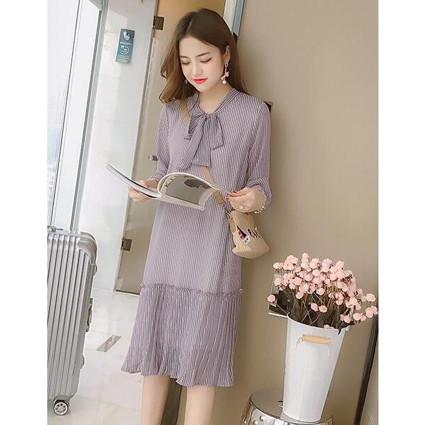 爆売り 二枚送料無料 シフォンワンピ 韓国風 春夏新作 森ガール系 スイート ストライプ スカラップ裾 フレア袖 ひざ丈 ゆったり 旅行 パーティー 写真撮影 ワンピース 色 ブルー Fdctheclub Com