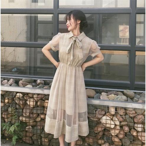 チュールワンピース 韓国風 森ガール系 シャツワンピース 中空デザイン チェック柄 マキシ丈 半袖 フェアリードレス 普段着 パーティー 二枚送料無料 Z1239 洋服通販店 通販 Yahoo ショッピング