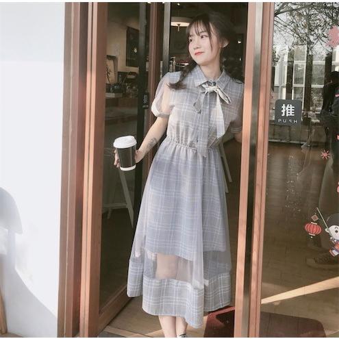 チュールワンピース 韓国風 森ガール系 シャツワンピース 中空デザイン チェック柄 マキシ丈 半袖 フェアリードレス 普段着 パーティー 二枚送料無料 Z1239 洋服通販店 通販 Yahoo ショッピング