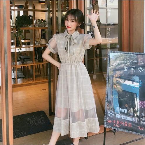 チュールワンピース 韓国風 森ガール系 シャツワンピース 中空デザイン チェック柄 マキシ丈 半袖 フェアリードレス 普段着 パーティー 二枚送料無料 Z1239 洋服通販店 通販 Yahoo ショッピング