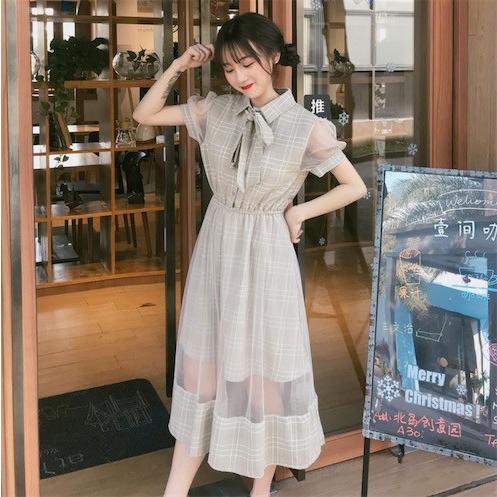チュールワンピース 韓国風 森ガール系 シャツワンピース 中空デザイン チェック柄 マキシ丈 半袖 フェアリードレス 普段着 パーティー 二枚送料無料 Z1239 洋服通販店 通販 Yahoo ショッピング