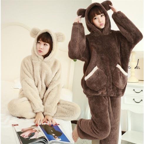 ルームウエア モコモコ パジャマ レディース 冬 あったか アニマル 熊 耳フード付き パジャマ ボーダー かわいい 大きいサイズ 寝間着 女性二枚送料無料 Z1717 洋服通販店 通販 Yahoo ショッピング