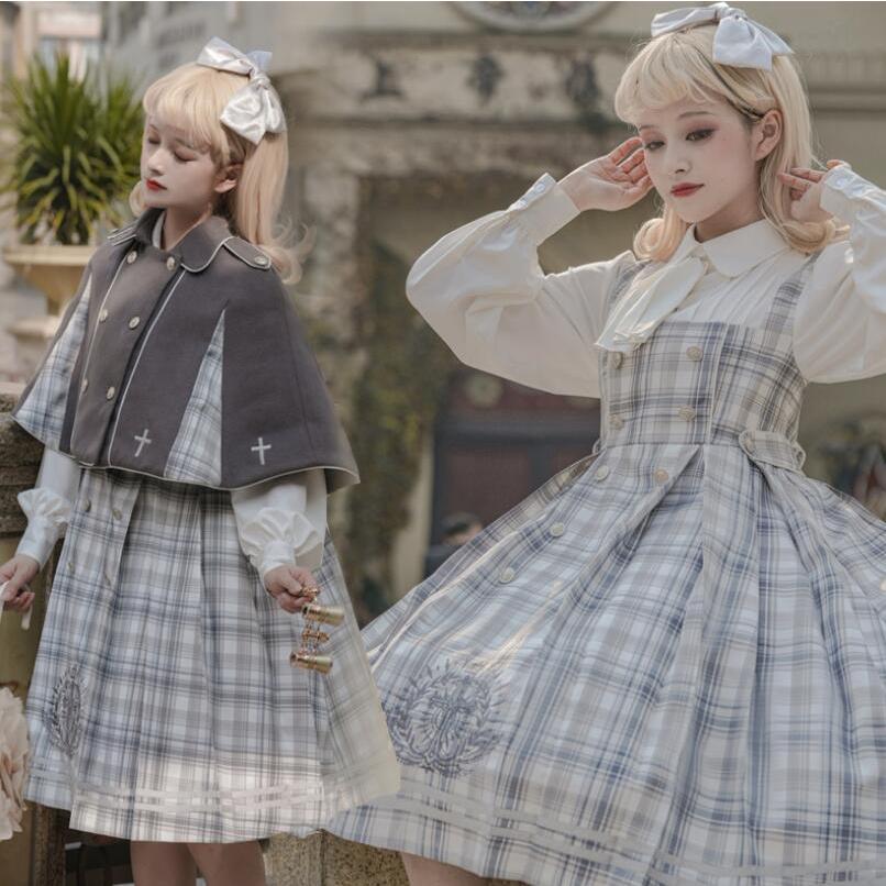 萌え可愛いロリータワンピースマント ワンピース 春秋冬 探偵イギリス学園風ロリータワンピース長袖チェック柄ワンピース仮サロペット刺繍 Lolita２枚送料無料 8 通販屋 通販 Yahoo ショッピング