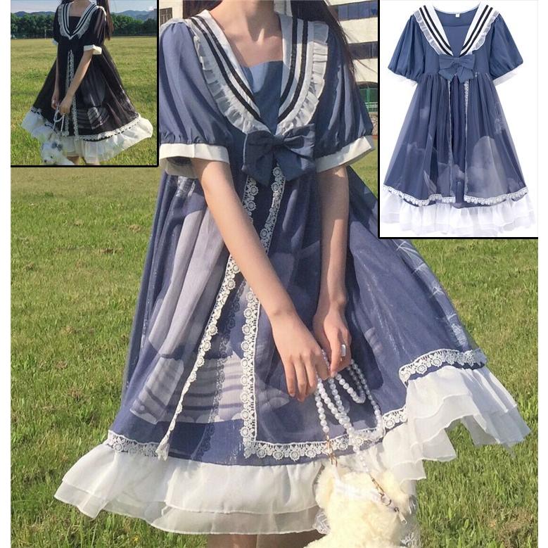 ロリータワンピースレディース 半袖ワンピース ロリータドレス可愛い半袖ワンピースセーラー服 森ガール系セーラー風夏日常ワンピース2枚送料無料 4631 通販屋 通販 Yahoo ショッピング