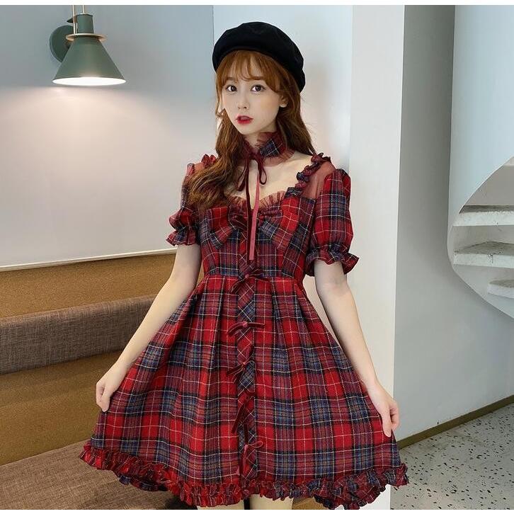 ロリータワンピースレディース 半袖チェック柄ワンピース ネック飾り付き可愛い半袖ワンピースセーラー服 森ガール系夏日常ワンピース2枚送料無料 4653 通販屋 通販 Yahoo ショッピング