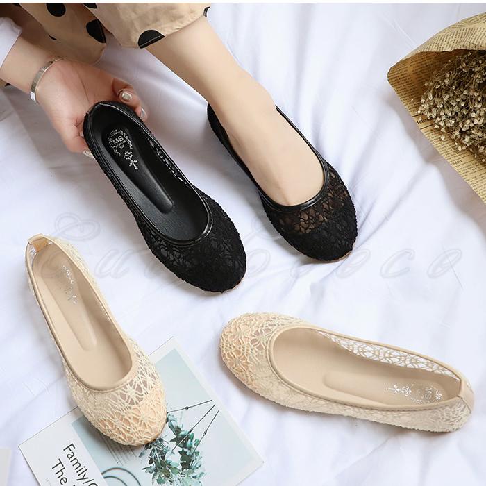 パンプス レディース ぺたんこ靴 メッシュ フラットシューズ リボン