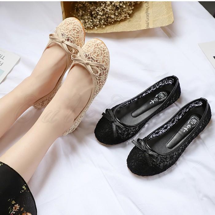 パンプス レディース ぺたんこ靴 メッシュ フラットシューズ リボン