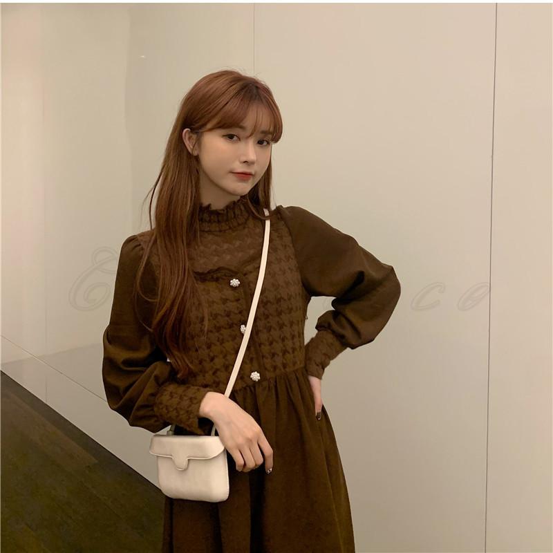 長袖ワンピース レディース 無地 ハイネック ロング丈 重ね着風 ハイ