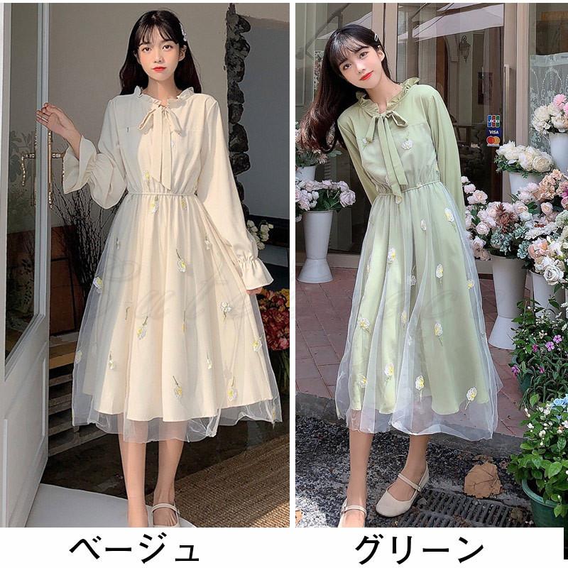 長袖ワンピース レディース 花柄 長袖 ミモレ丈 レース付き 長袖ワンピース レディース 花柄 長袖 ミモレ丈 レース付き
