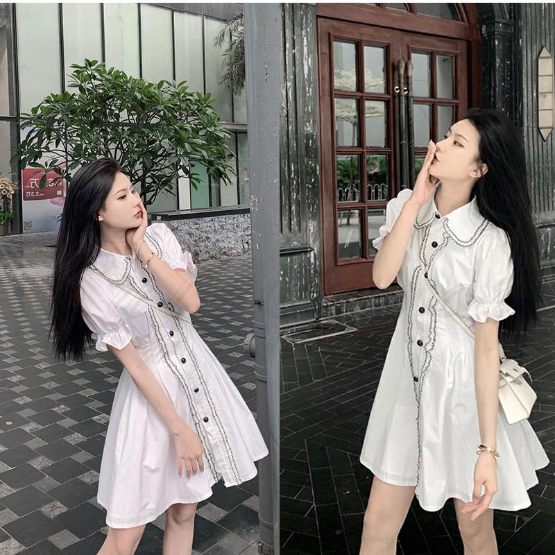 シャツワンピース レディース 無地 半袖 ミニ丈 フリル フレア