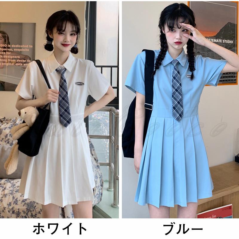 シャツワンピース レディース 半袖 ミニ丈 プリーツ ネクタイ
