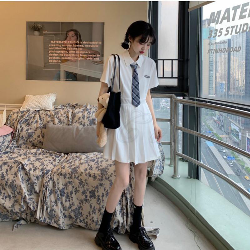 シャツワンピース レディース 半袖 ミニ丈 プリーツ ネクタイ