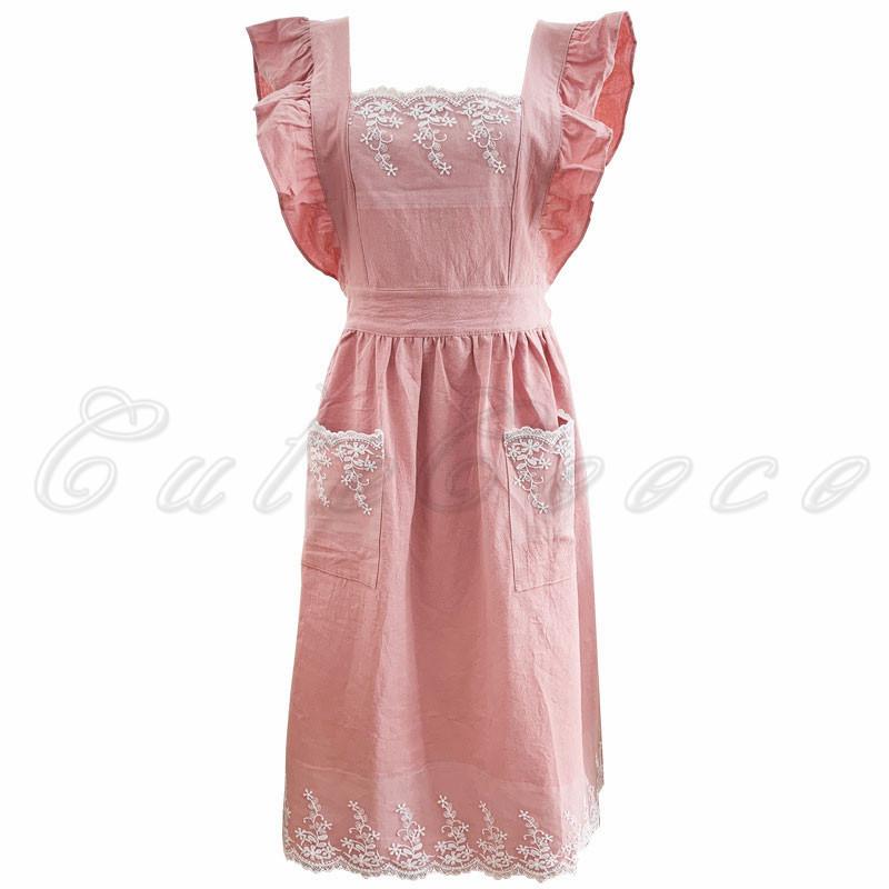 ピンク エプロン　レース付き エプロン レディース レース付き フレア フリル 姫系 H型 保育士 業務