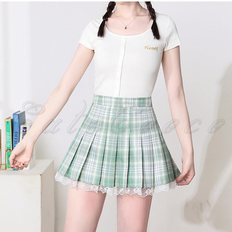 プリーツスカート レディース ミニスカート チェック柄 レース裾