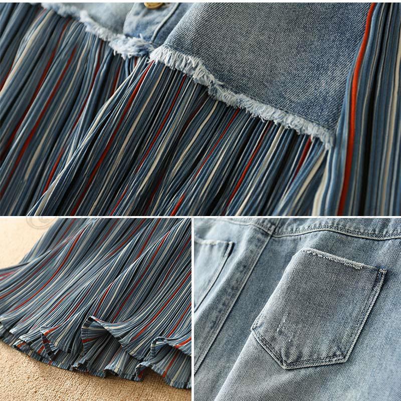 デニムスカート レディース プリーツスカート 膝丈 膝下 ストライプ柄