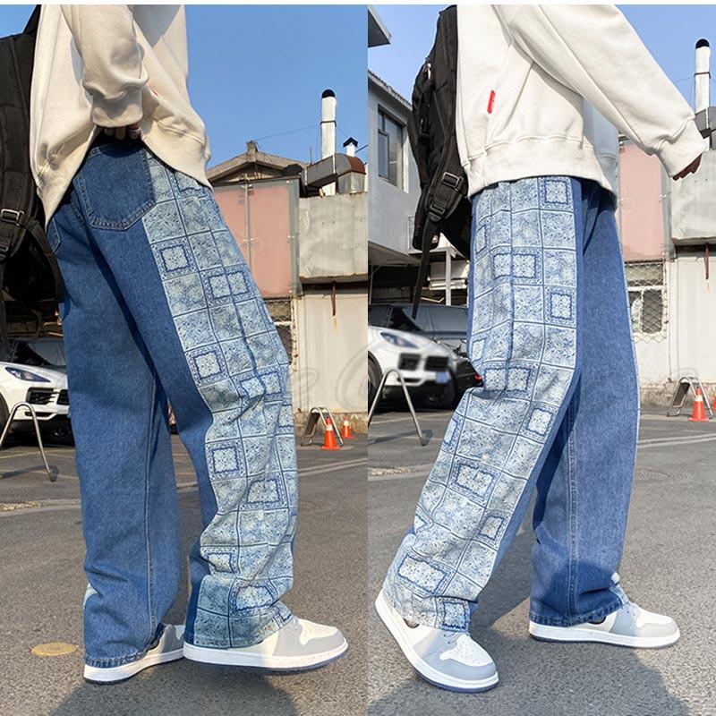 デニムパンツ メンズ ワイドパンツ バイカラー ストレート ロング丈 ストリート系 ボトムス カジュアル ポケット 履きやすい 春秋 おしゃれ 送料無料 Ll8mx736cs ファッション Windowrevival Co Nz