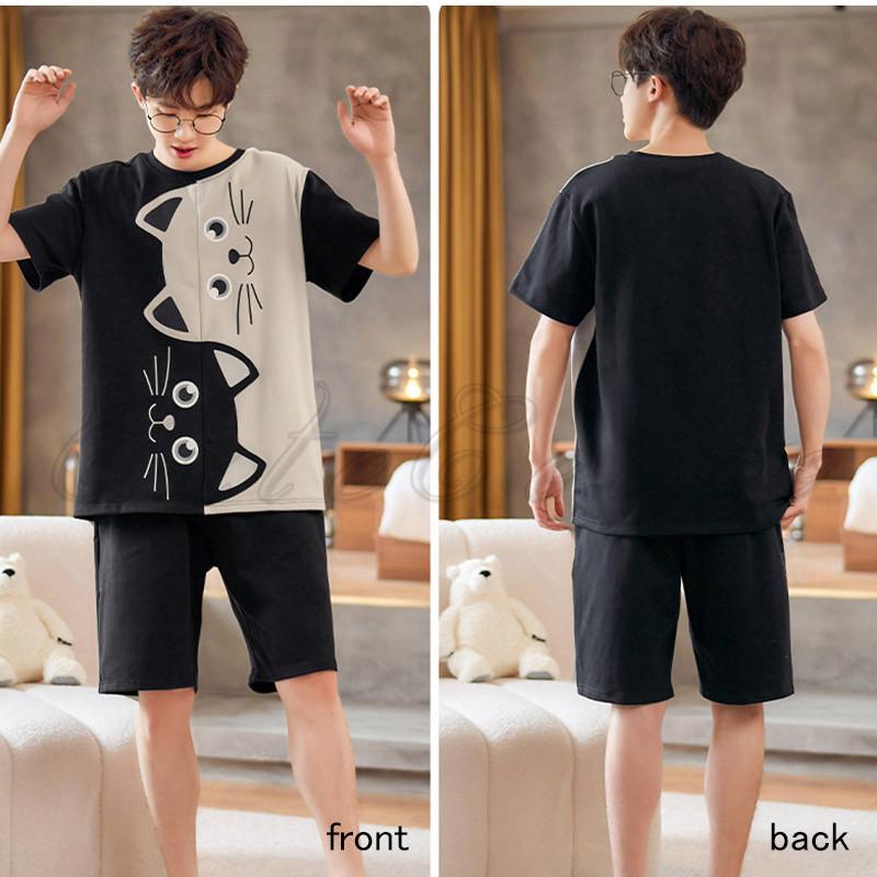 パジャマ ルームウェア メンズ 半袖Tシャツ 短パン 上下セット服 動物 