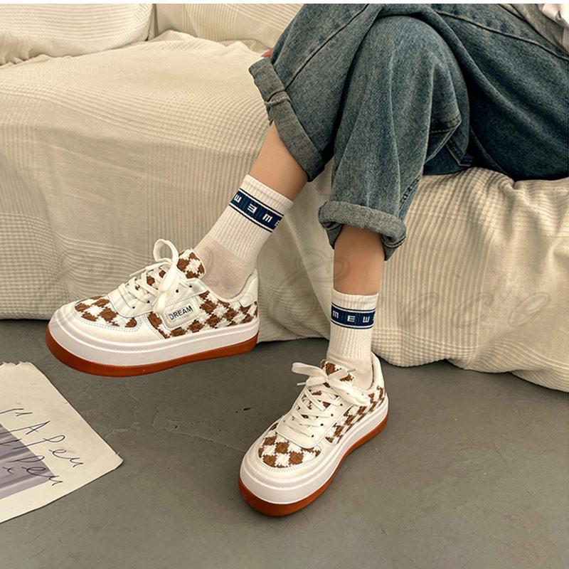 BEAMS チェック柄 フラットシューズ スニーカー レディース フラットシューズ チェック柄 紐靴