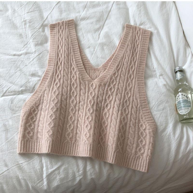 ニットベスト レディース Vネック ショート丈 ケーブル編み 無地 プル
