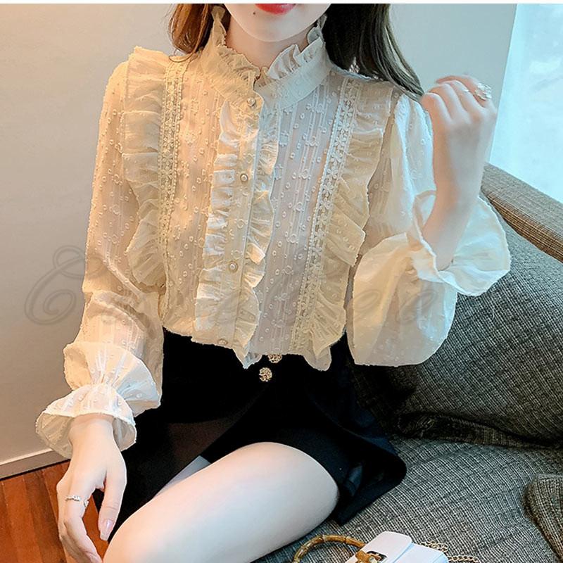 レースブラウス レディース 長袖シャツ ハイネック フリル襟