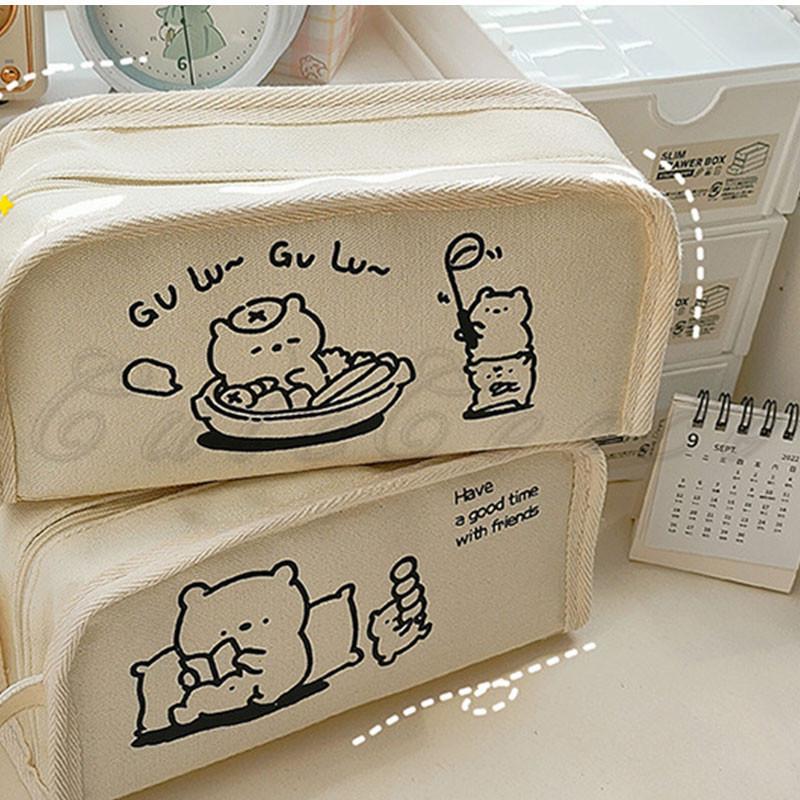 ペンケース 白 シンプル 大容量 多機能 可愛い 透明 布 オシャレ 筆記