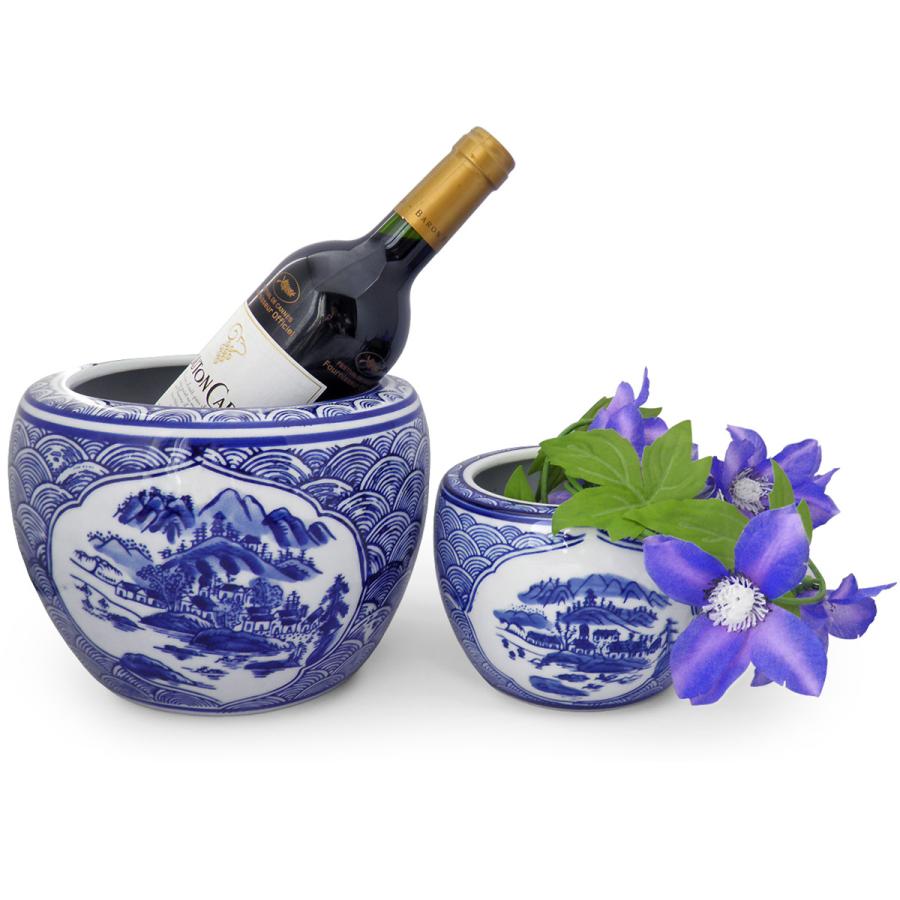 青白い山水画の陶器。火鉢、植木水鉢、 約30cm　高さ：約25.5cm 青白い山水画の陶器。火鉢、植木水鉢、 約30cm 高さ：約25.5cm 【公式