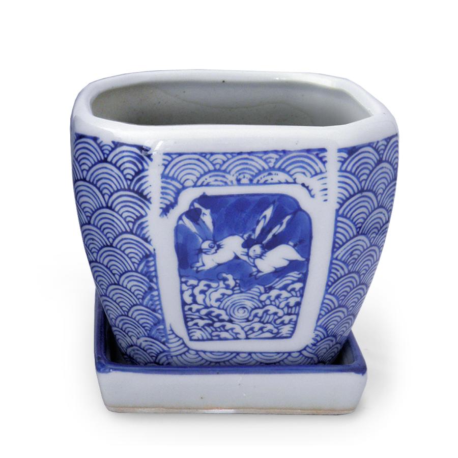 植木鉢 陶器 2点セット 和風 おしゃれ 皿付き 角鉢(波うさぎ)盆栽 蘭鉢