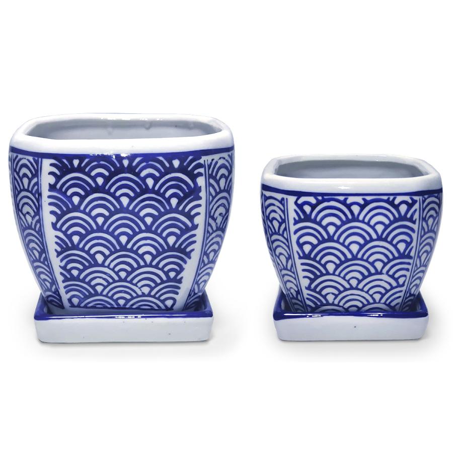 植木鉢 陶器 2点セット 和風 おしゃれ 皿付き 角鉢(青海波)盆栽
