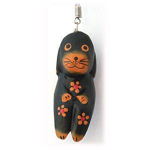 ストラップ 木彫り 動物(黒犬)携帯ストラップ キーホルダー バッグ