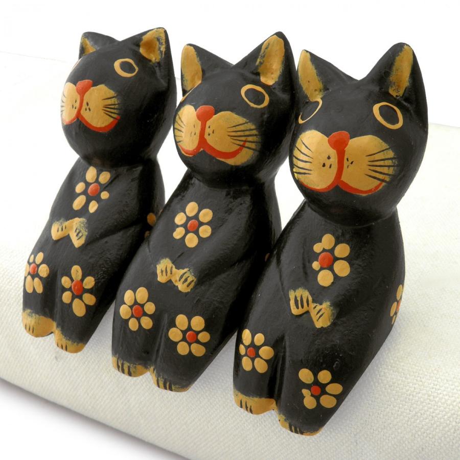 猫 雑貨 置物 木彫り お座り猫トリオ(黒)バリ猫 三個セット 猫グッズ