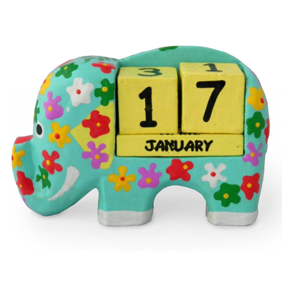 ゾウ 雑貨 木彫り 象 カレンダー 暦 卓上 置物(風水 縁起物 開運