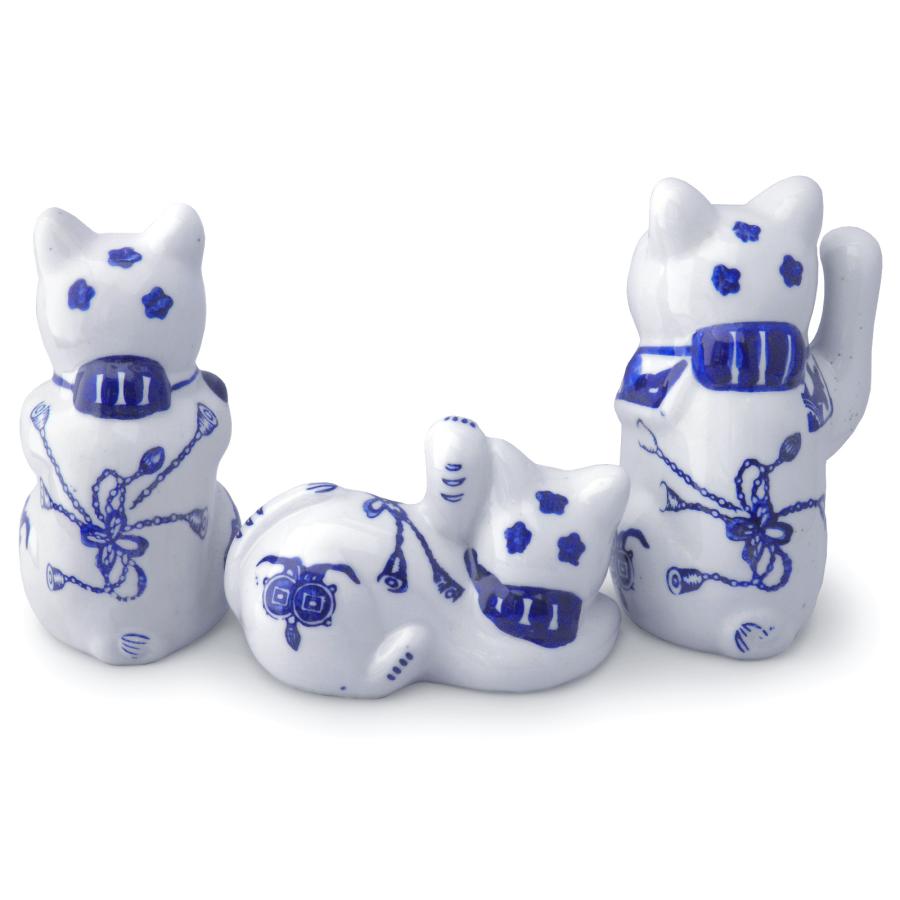招き猫 3点セット 染付 陶器 置物 猫 縁起物 金運 合格祈願 商売繁盛