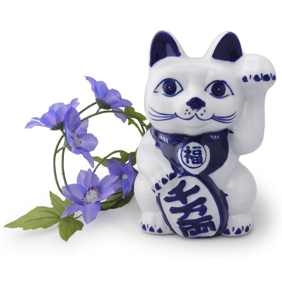 招き猫 貯金箱 染付 陶器 置物 金運 財運 招福 開運 縁結び(オリジナル