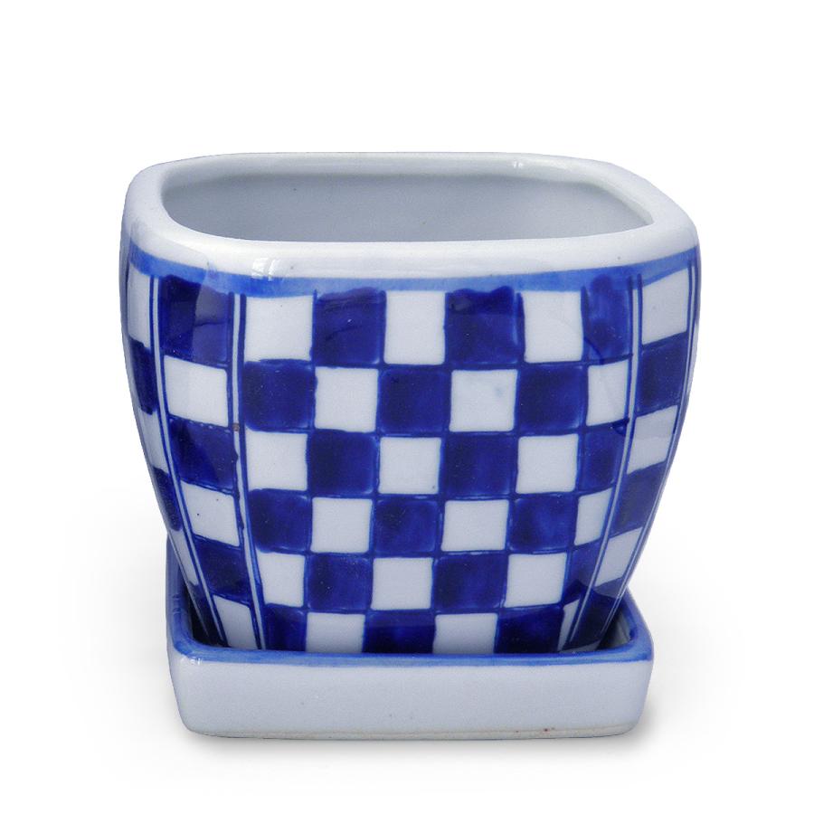 植木鉢 2点セット おしゃれ 陶器 和風 皿付き(市松柄)角鉢 正方角切鉢