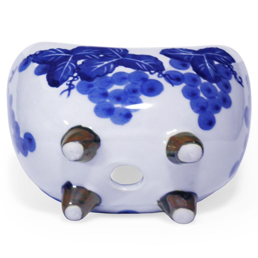手描きの葡萄模様4つ脚付き陶器2枚 植木鉢 陶器 三日月 脚付き おしゃれ 和風(葡萄 ぶどう柄)山野草 苔玉