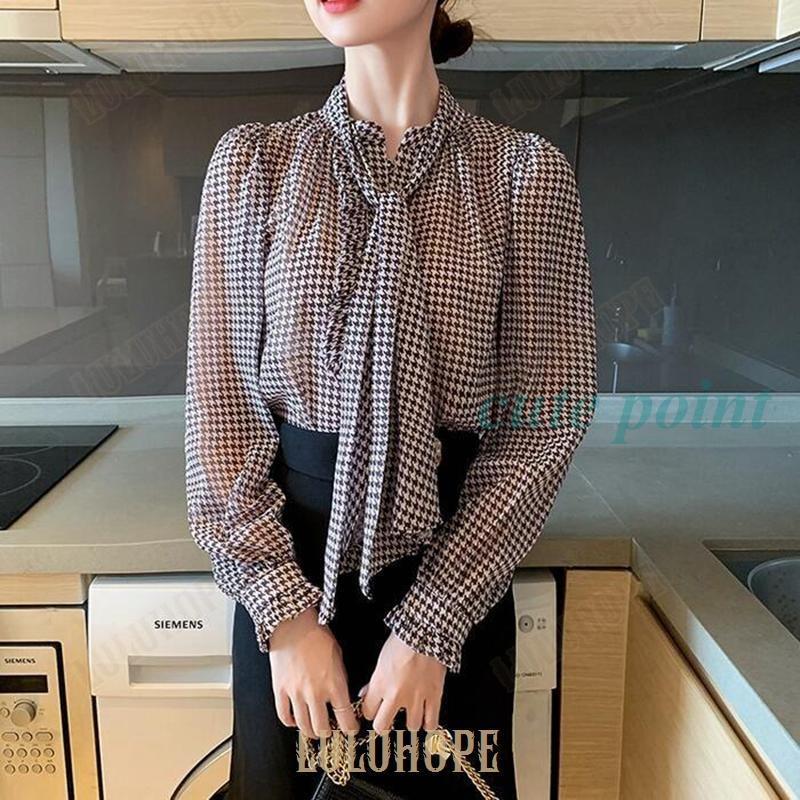 トップス ブラウス シャツ 千鳥格子 リボンタイ レディース