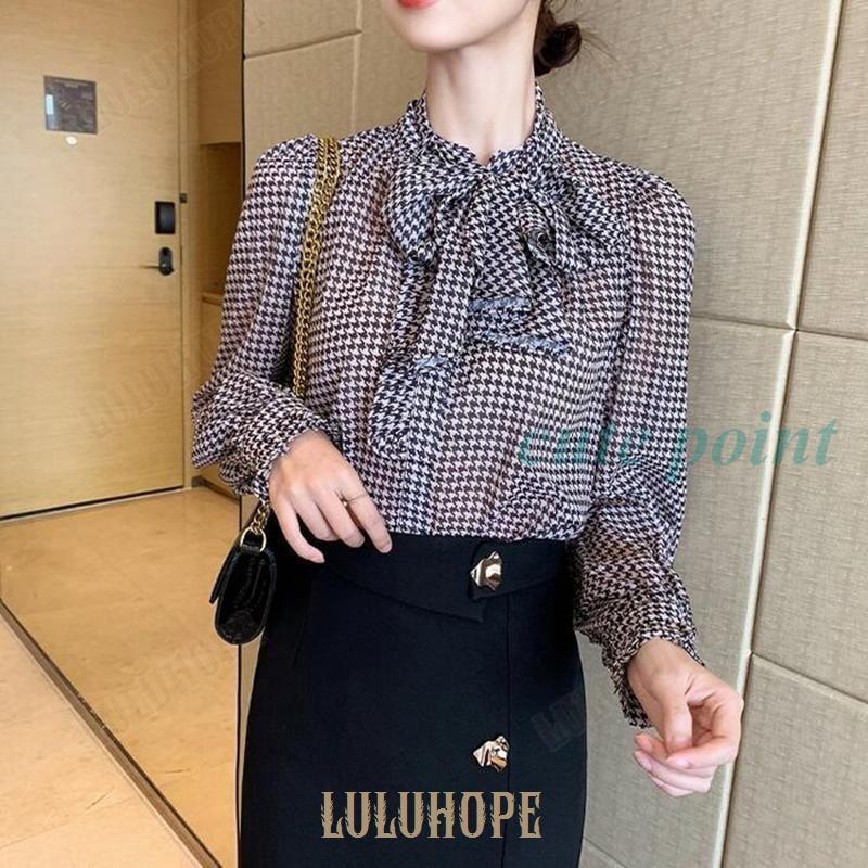 トップス ブラウス シャツ 千鳥格子 リボンタイ レディース