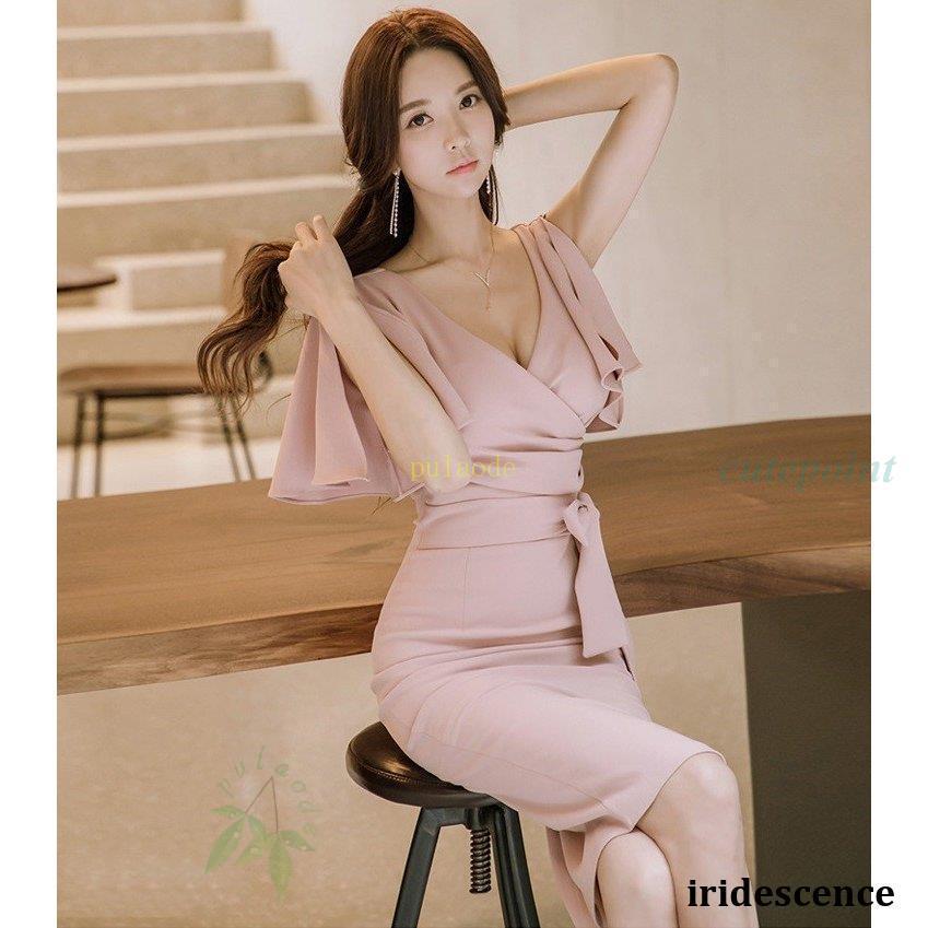 カシュクール Vネック タイト ワンピース 膝丈ドレス キャバドレス キャバ ワンピ キャバ嬢ドレス キャバ 衣装 膝丈 ひざ丈 袖あり 五分袖 スレンダー ウエストリボン スリット バックスリット 胸元 谷間 谷間魅せ 大人可愛い きれいめ シンプル カジュアル 大人 上品 ワンピース 膝丈 パーティードレス カシュクール Vネック キャバドレス