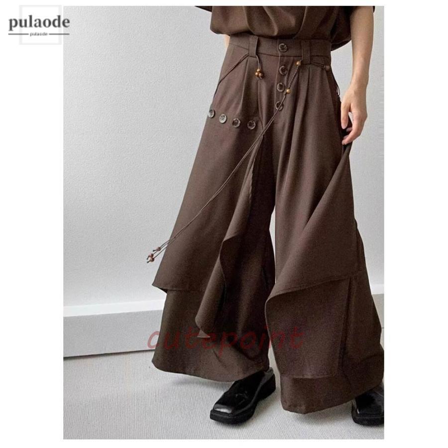 黒 ゆったり 無地 アシンメトリー メンズ ガウチョパンツ 袴パンツ