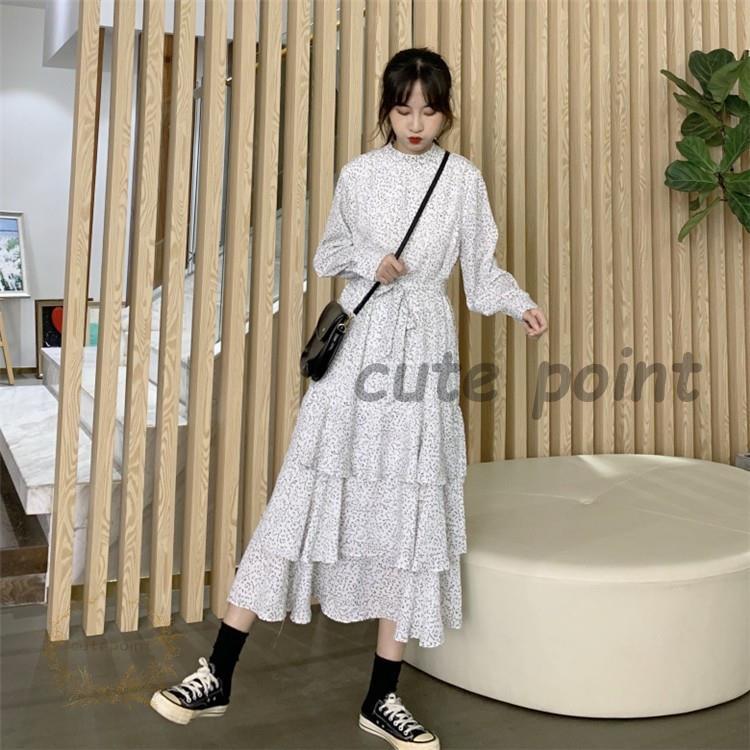 ワンピース レディース ワンピ オシャレ 花柄 長袖 ロング丈ワンピース コーデ ミモレ丈 フリル Aライン ベルト付き ワンピ 新作 着痩せ 黒 白 Cg04 Sami119 Cute Point 通販 Yahoo ショッピング