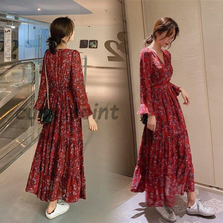 ワンピース レディース 秋 マキシ丈ワンピース プリーツワンピ シフォンワンピース 赤 花柄 Vネック 長袖 ワンピース きれいめ Cg413 Cglyq71 Cute Point 通販 Yahoo ショッピング