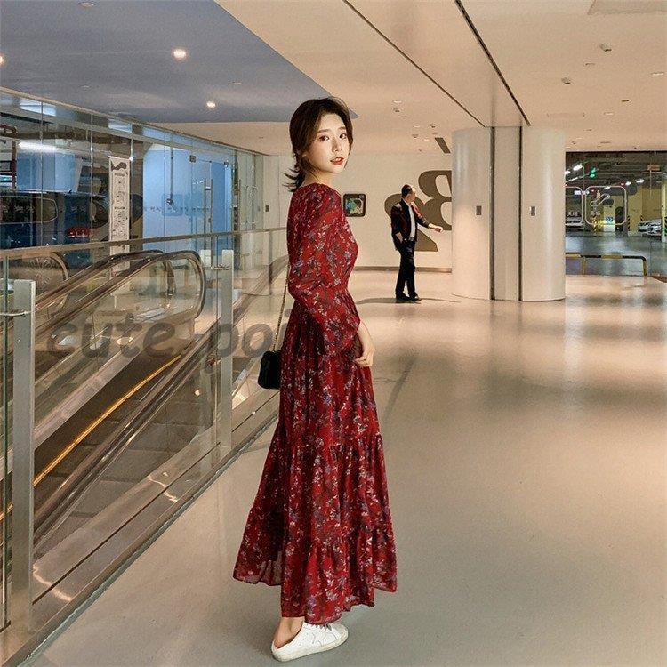 ワンピース レディース 秋 マキシ丈ワンピース プリーツワンピ シフォンワンピース 赤 花柄 Vネック 長袖 ワンピース きれいめ Cg413 Cglyq71 Cute Point 通販 Yahoo ショッピング