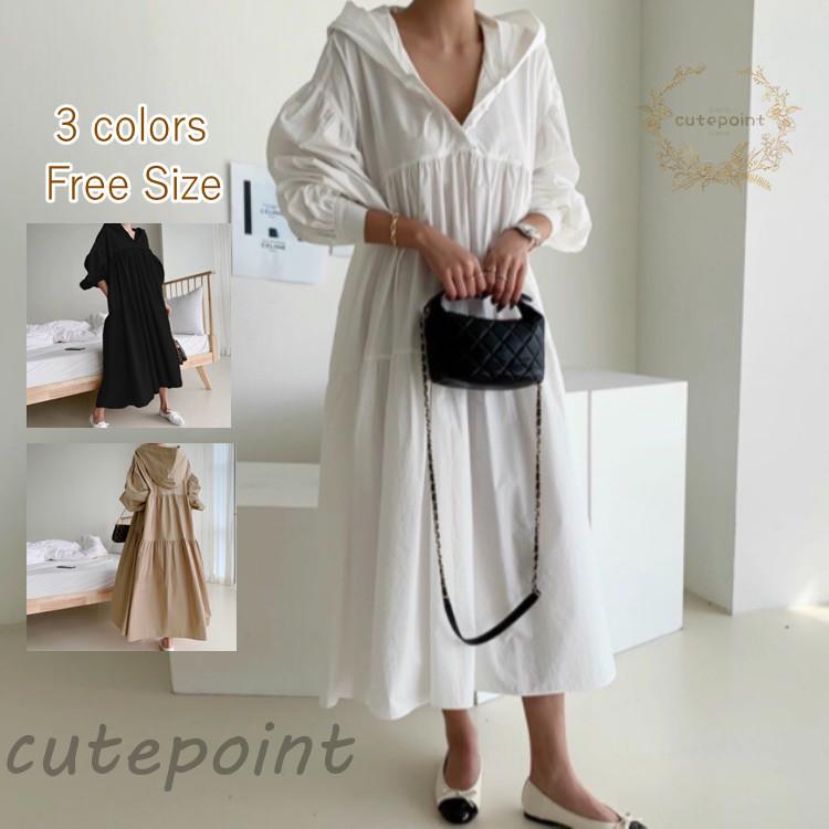 ワンピース 秋冬 パーカーワンピース 長袖 スウェット ロング丈 綿 白