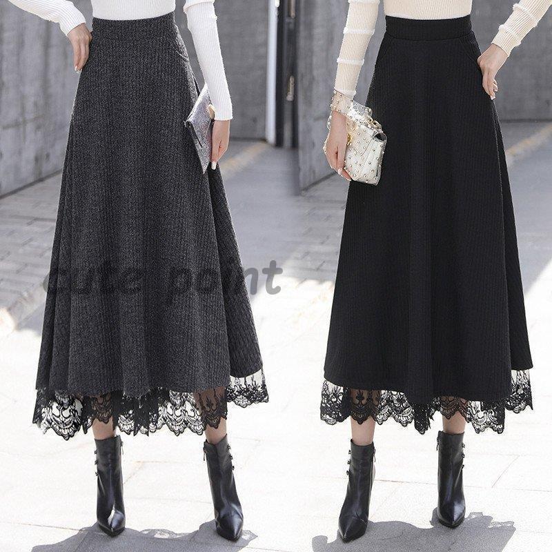 黒のフレアスカート レースの裾付き スカート ロング丈 秋冬 ラシャスカート 黒レース裾 フレアスカート