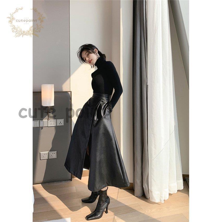 レザースカート レディース ロング丈 スリット 柔らかい フェイク