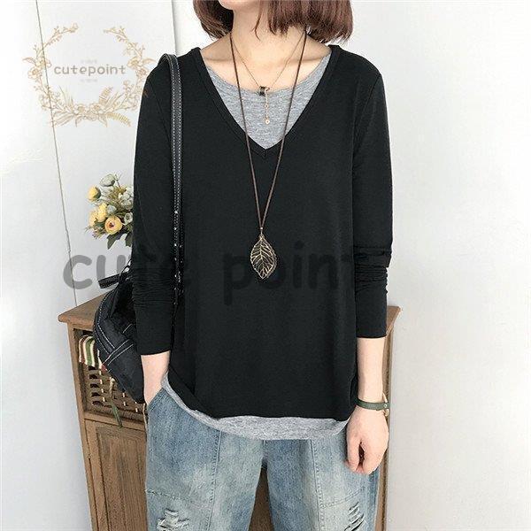トップス Tシャツ Tシャツ カットソー レディース Vネック 重ね着 フェイクレイヤー インナー ゆったり 着痩せ 柔らかい 可愛い 多様な