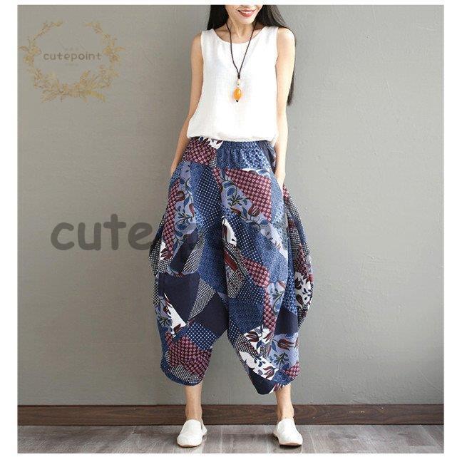 サルエルパンツ エスニック ウエストゴム 花柄 綿麻 レディース サルエルパンツ エスニック ウエストゴム 花柄 綿麻 レディース