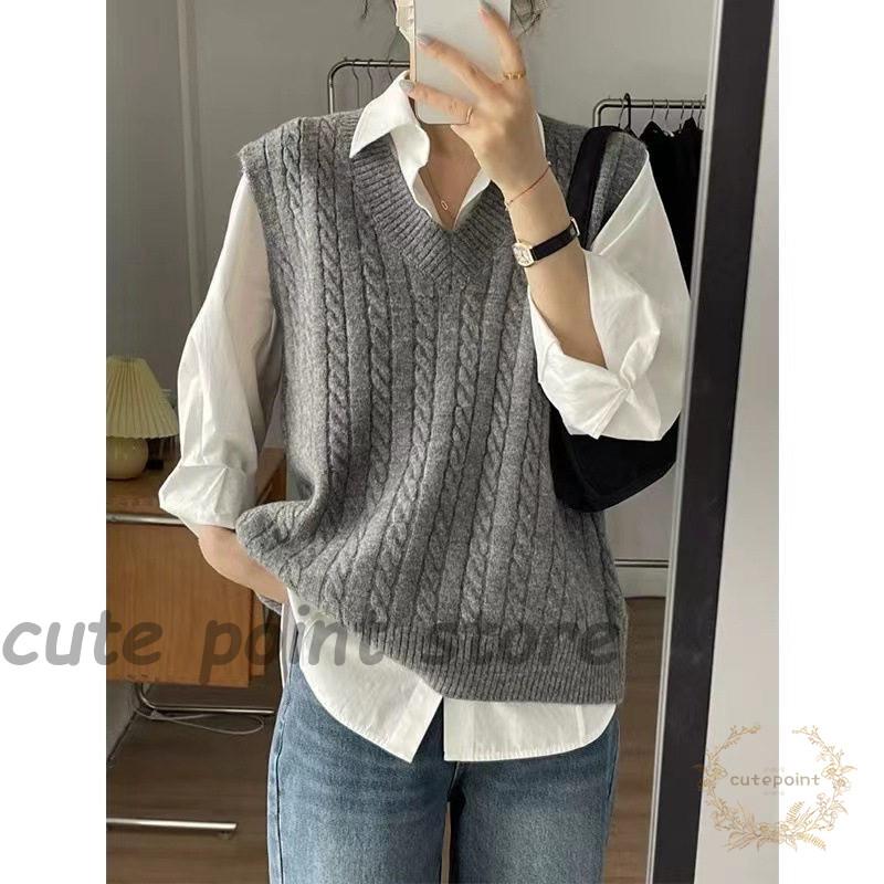 ニットベスト レディース ケーブル編み 学生 重ね着 カジュアル 通勤
